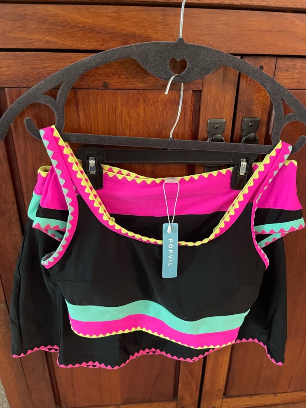 Popvil Ladies Bikini Swimsuit. 3-Piece Black with Pink & Aqua Trim. NWT